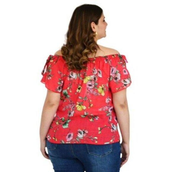 Zenobia Plus Size Linen Short Sleeve Blouse Off Shoulder Bow Red Floral 3X - Picture 3 of 9